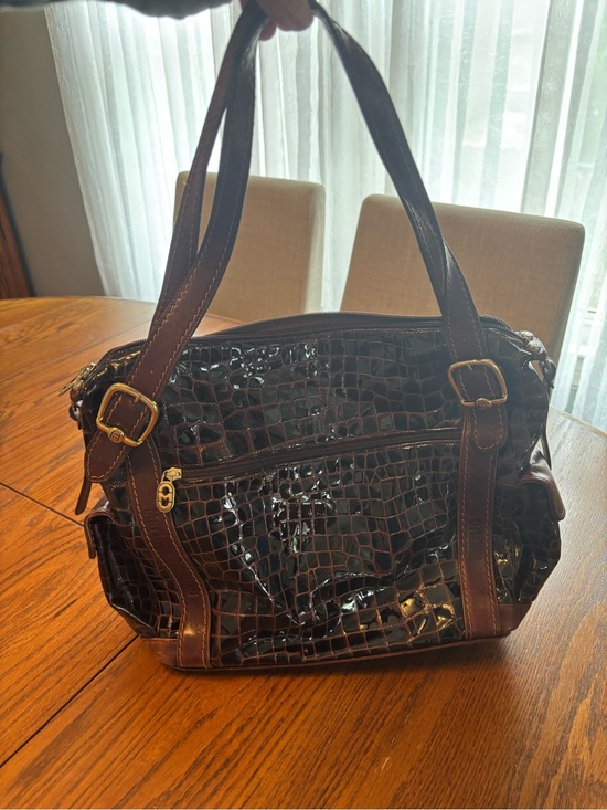 Marino orlandi Handbags - Marino orlandi handbag purse tote crocodile embossed brown patent leather gold